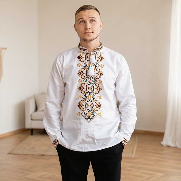 Чоловіча вишиванка &laquo;Віталіна&raquo; біла, льон, коричнева та жовто-золота вишивка VM21 фото