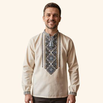 Чоловіча вишиванка &laquo;Гармонія&raquo; з льону під колір натурального льону VM23 фото