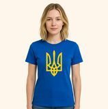 Жіноча футболка з принтом &laquo;Тризуб жовтий&raquo;, синя FW59 фото